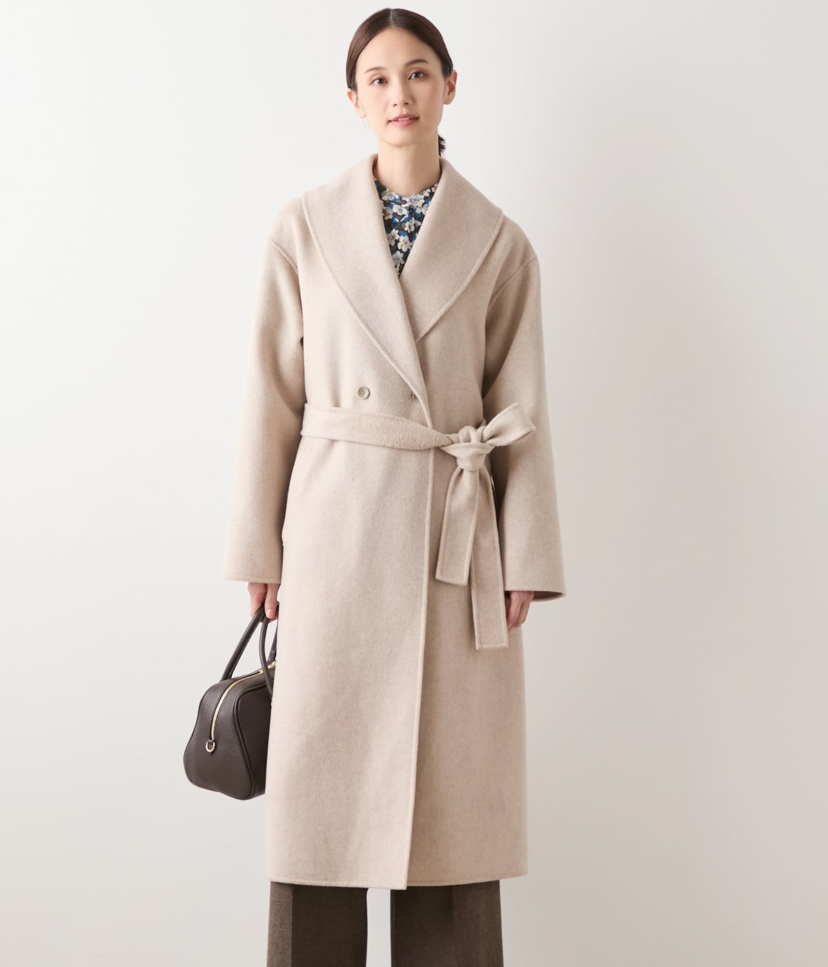 【L】ウールナイロンリバー ショールカラーロングコート