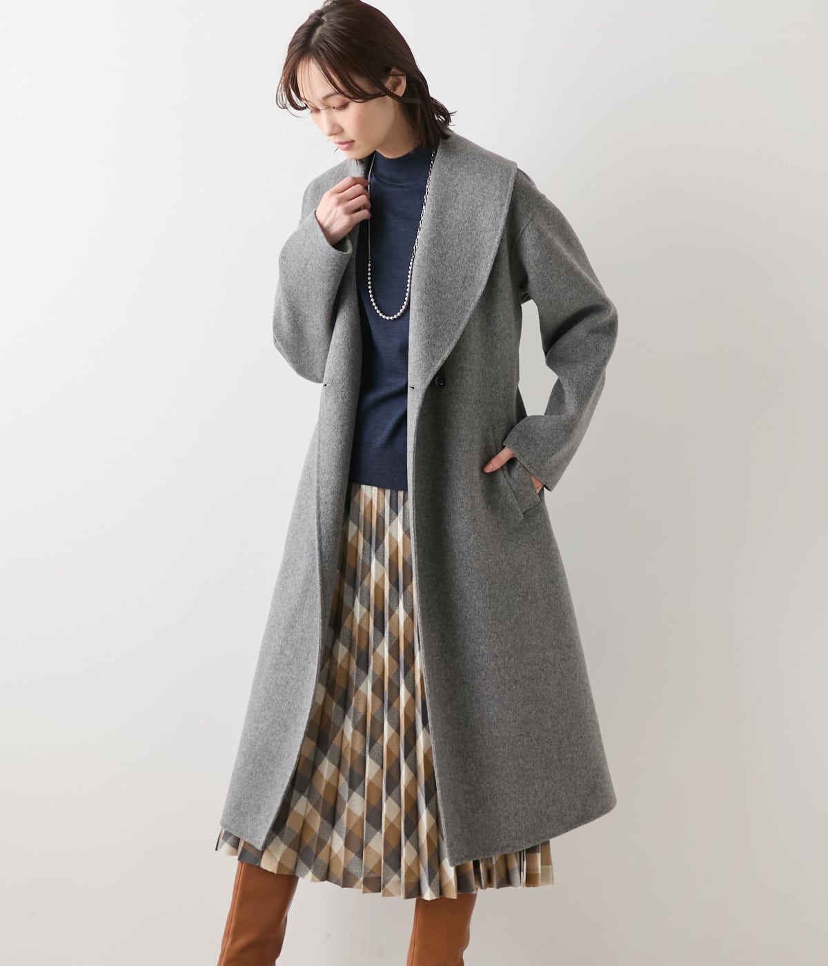 【L】ウールナイロンリバー ショールカラーロングコート