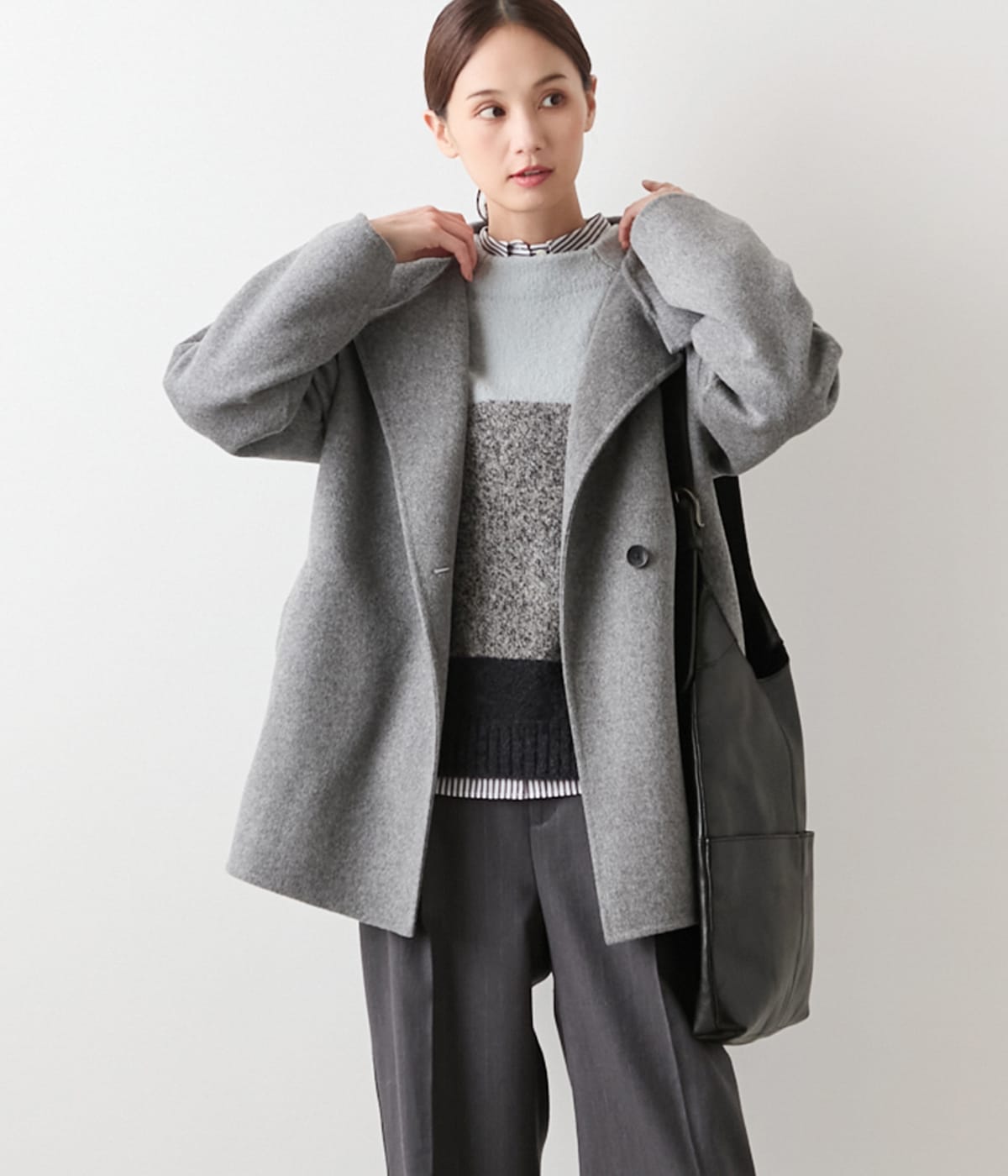 【L】ウールナイロンリバー スタンドショートコート