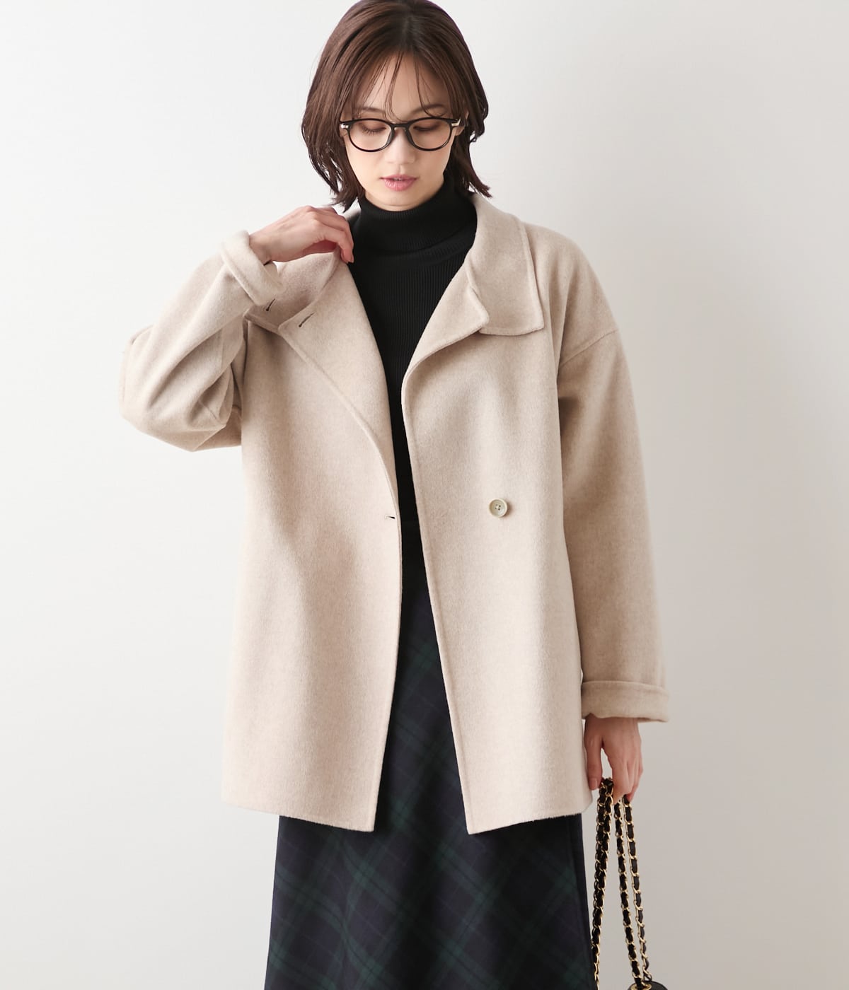 【L】ウールナイロンリバー スタンドショートコート