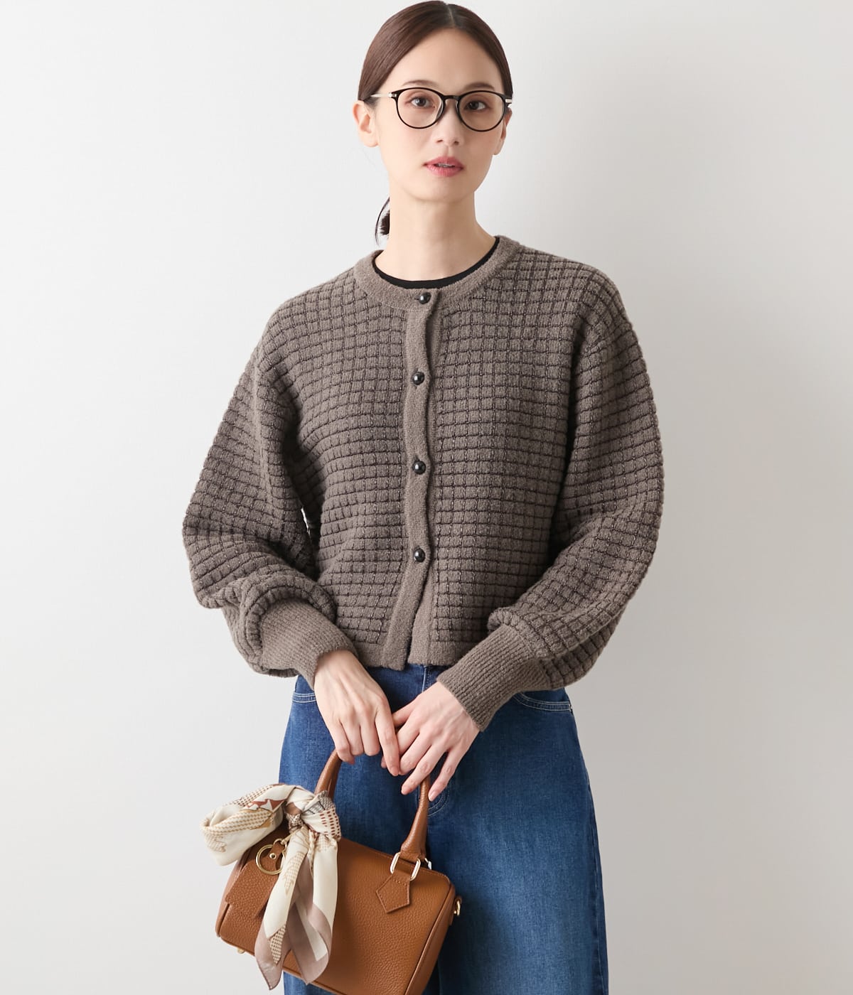 【L】ブークレー格子柄 クルーネックショートカーディガン