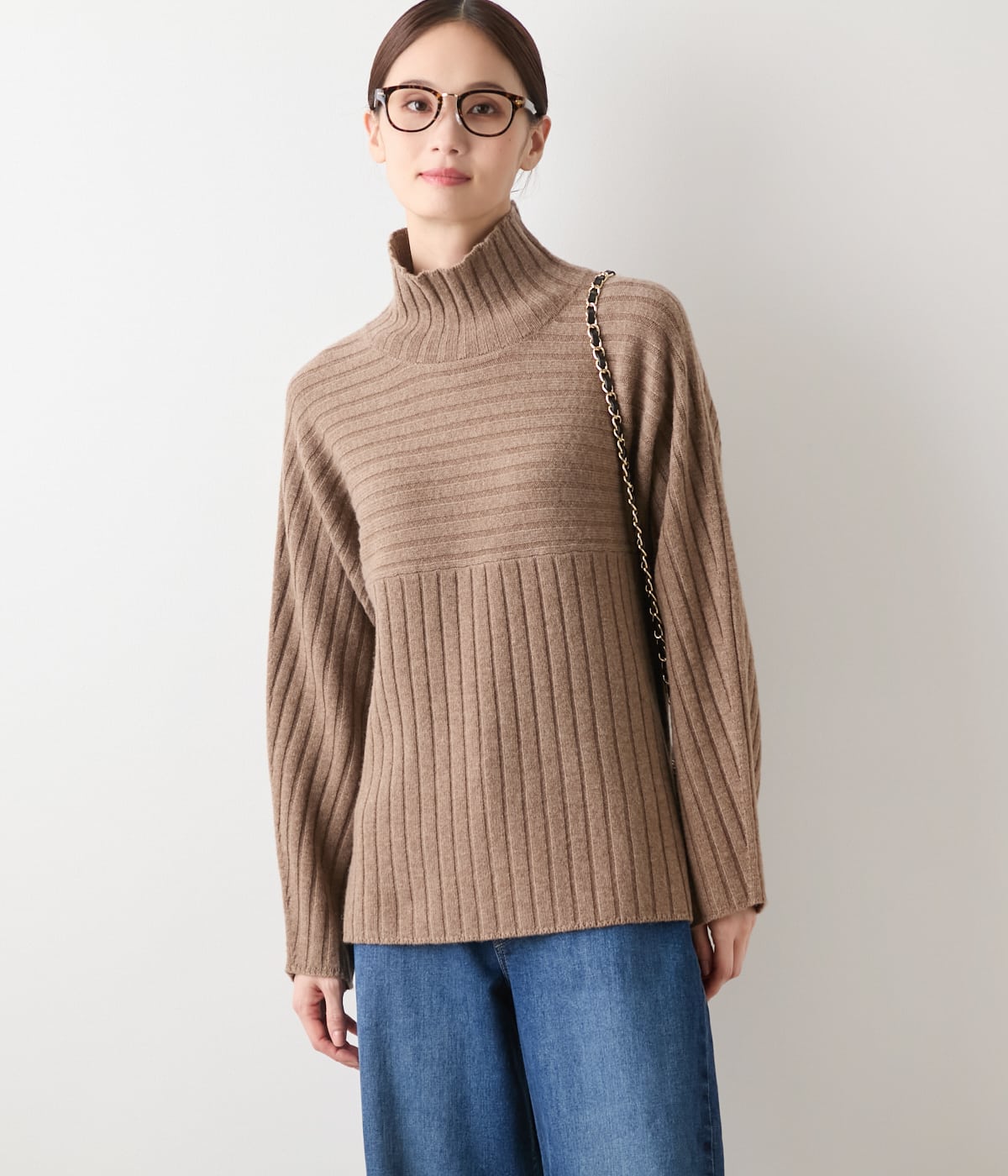 【L】ウールカシミヤ リブハイネックニットプルオーバー