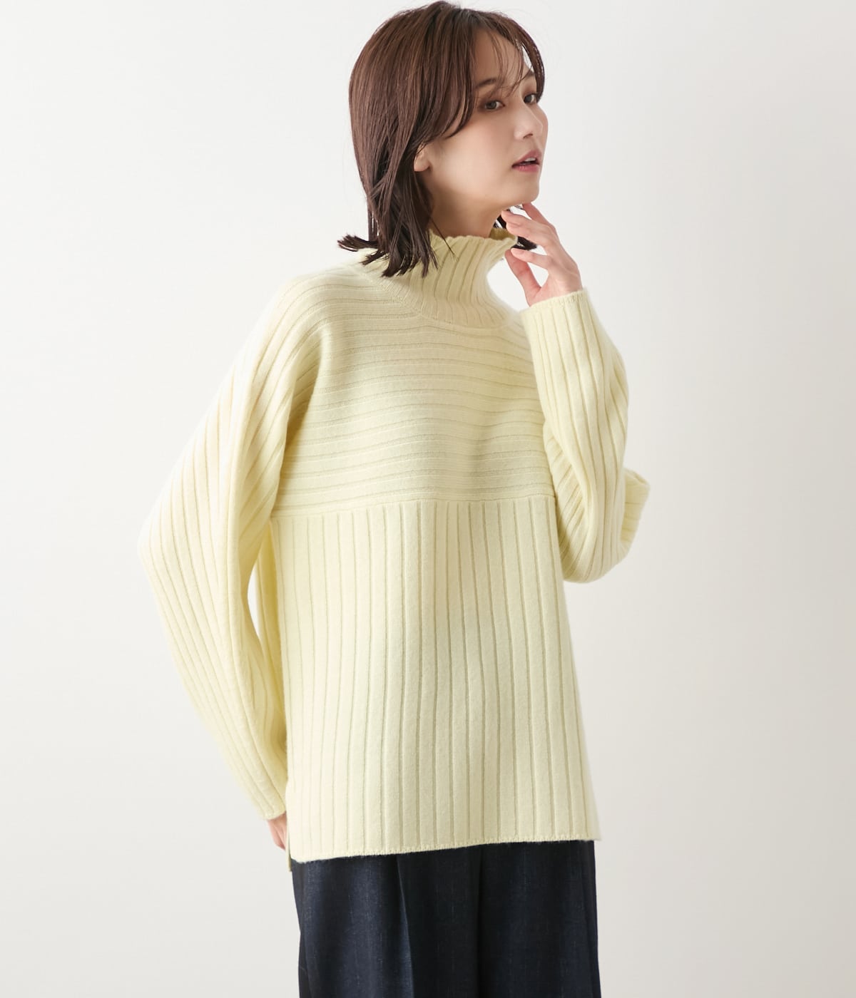 【L】ウールカシミヤ リブハイネックニットプルオーバー