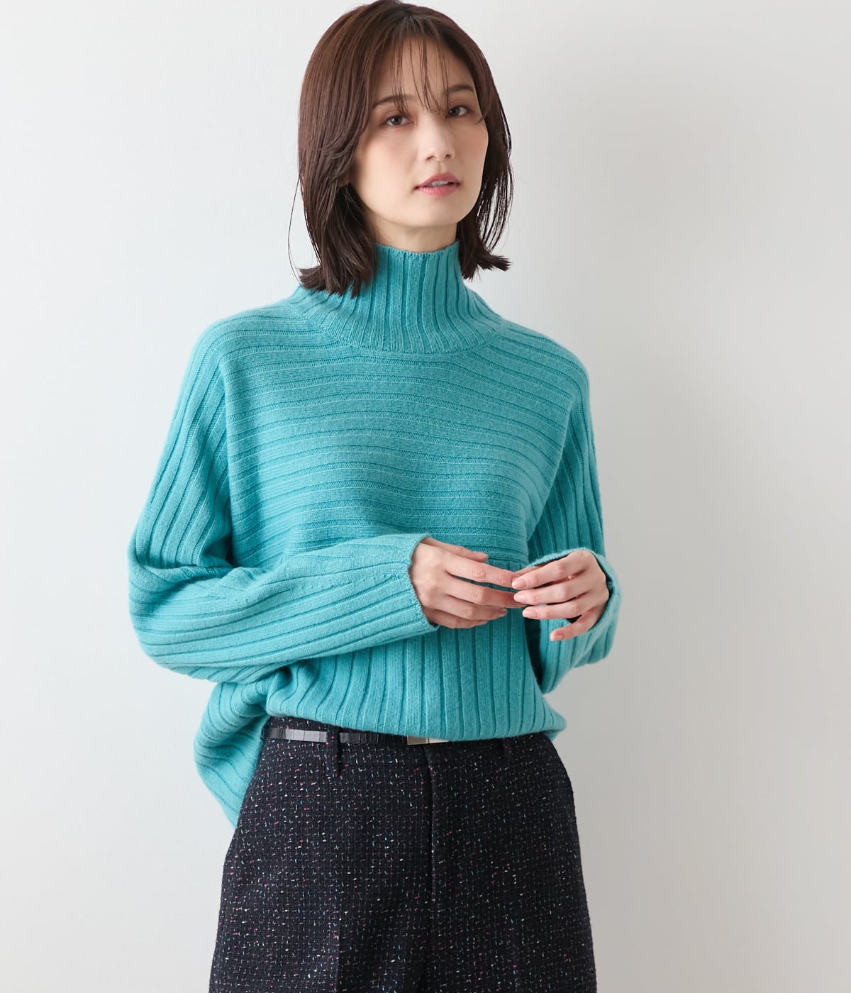 【L】ウールカシミヤ リブハイネックニットプルオーバー