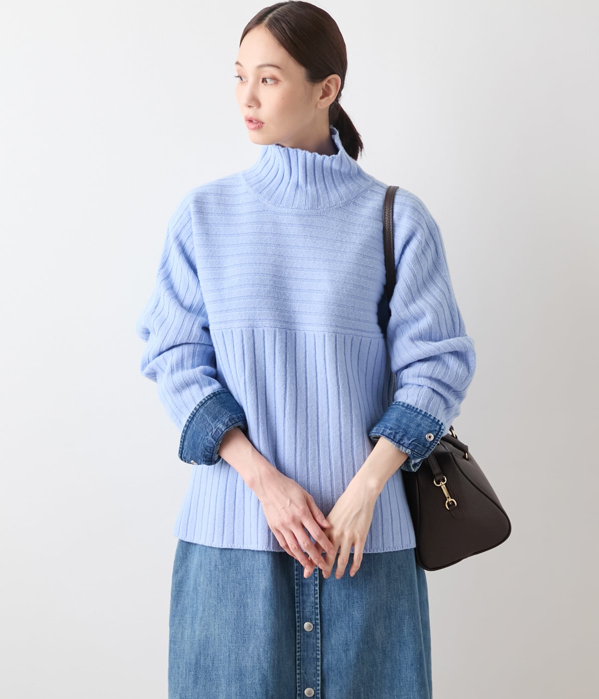 【L】ウールカシミヤ リブハイネックニットプルオーバー