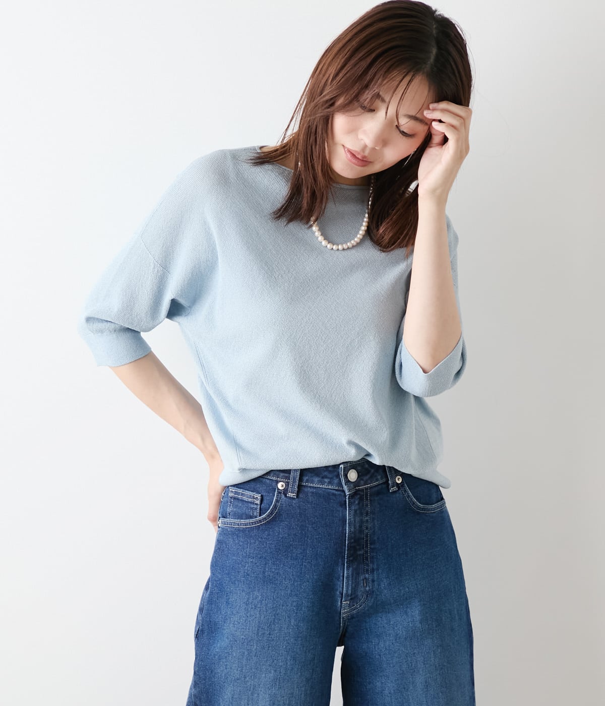 【L】【ウォッシャブル】TCラメホールガーメント(R) クルーネック7分袖プルオーバー