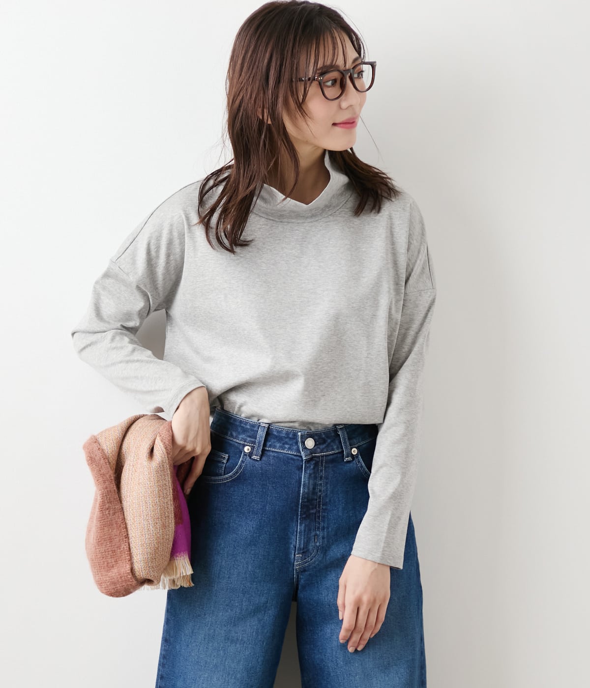 【L】オーガニックコットンスムース オフハイネックプルオーバー