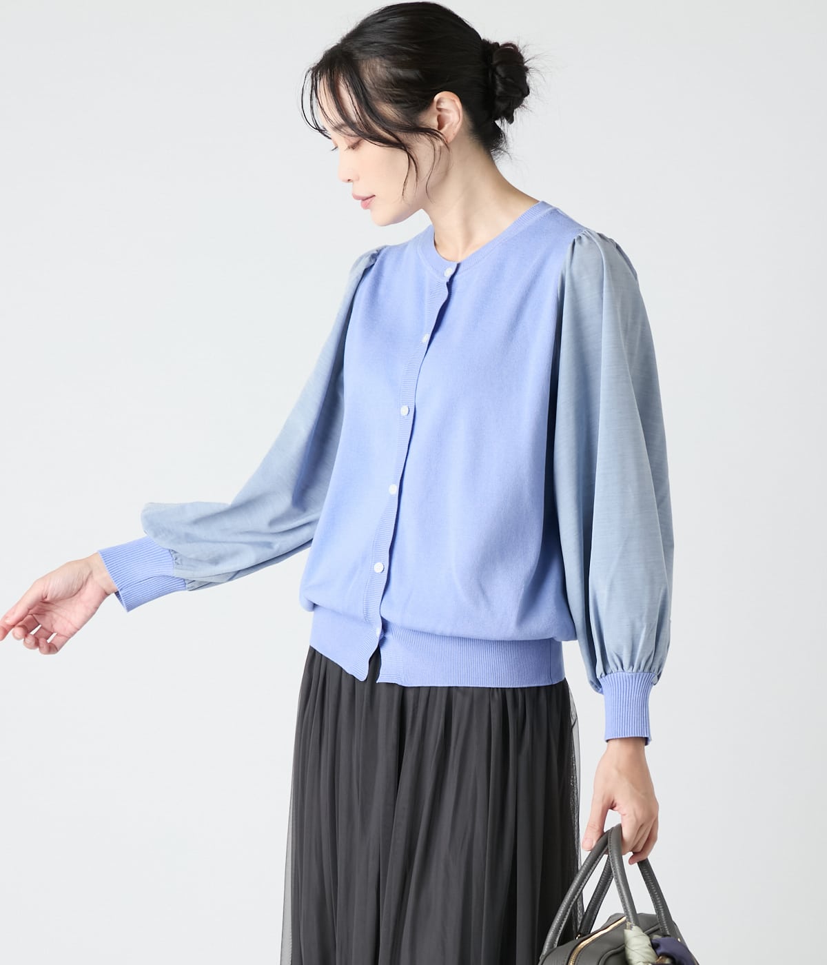 【L】レーヨンストレッチ 袖切替え長袖カーディガン