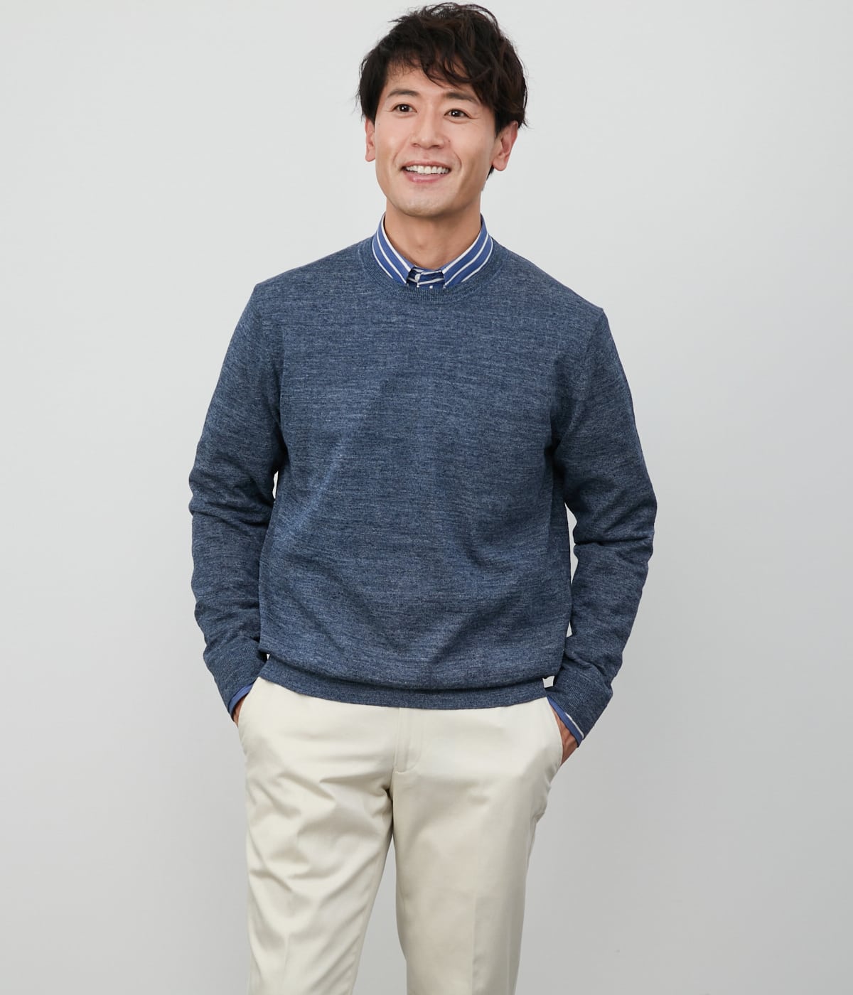 【ウォッシャブル】リネンポリエステル クルーネックプルオーバーニット