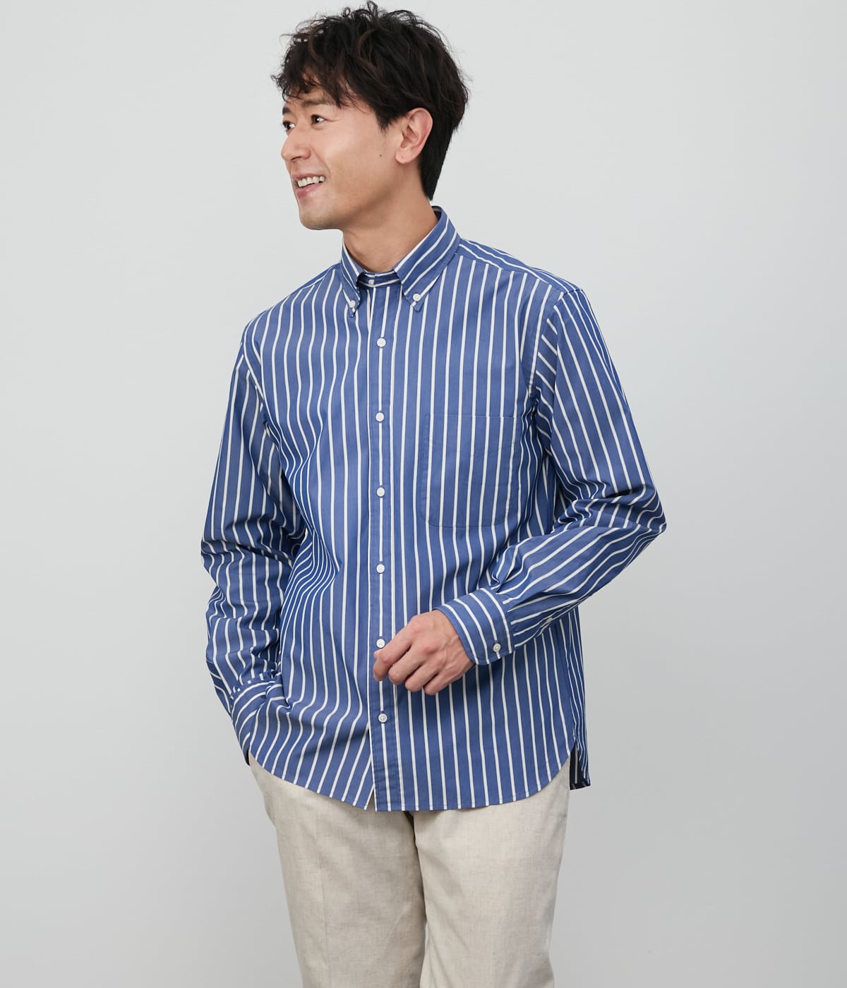 【ストレッチ】ストライプシャンブレー 長袖ショートボタンダウンシャツ