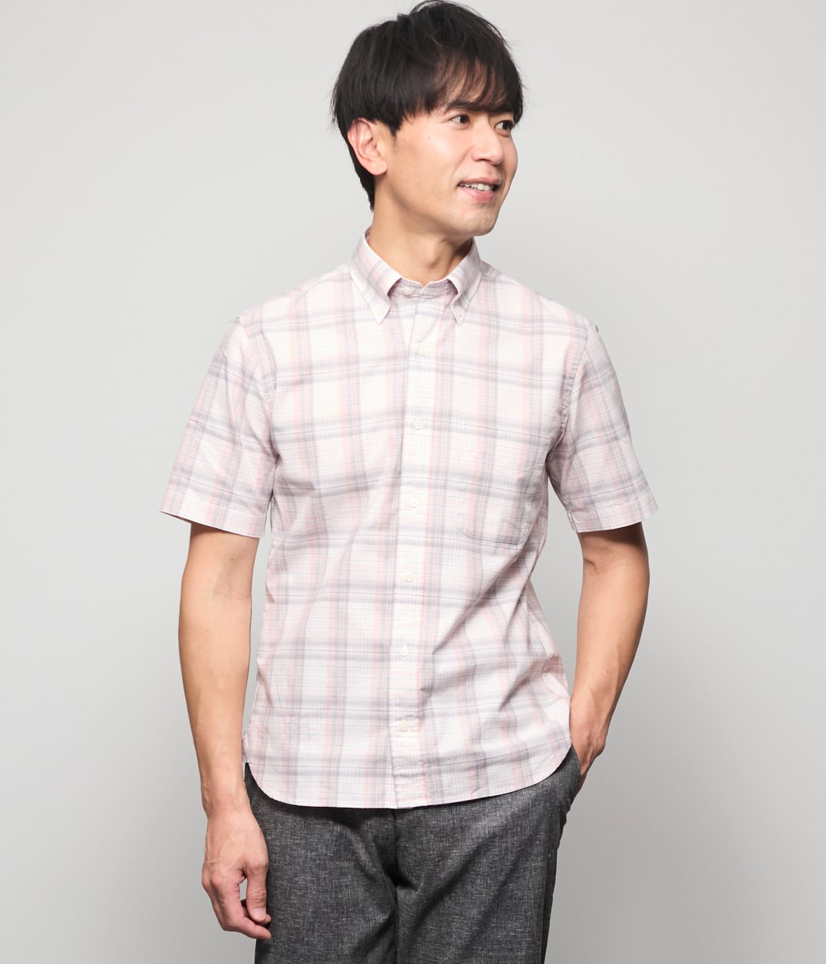 ペールスラブ チェック 半袖ショートボタンダウンシャツ