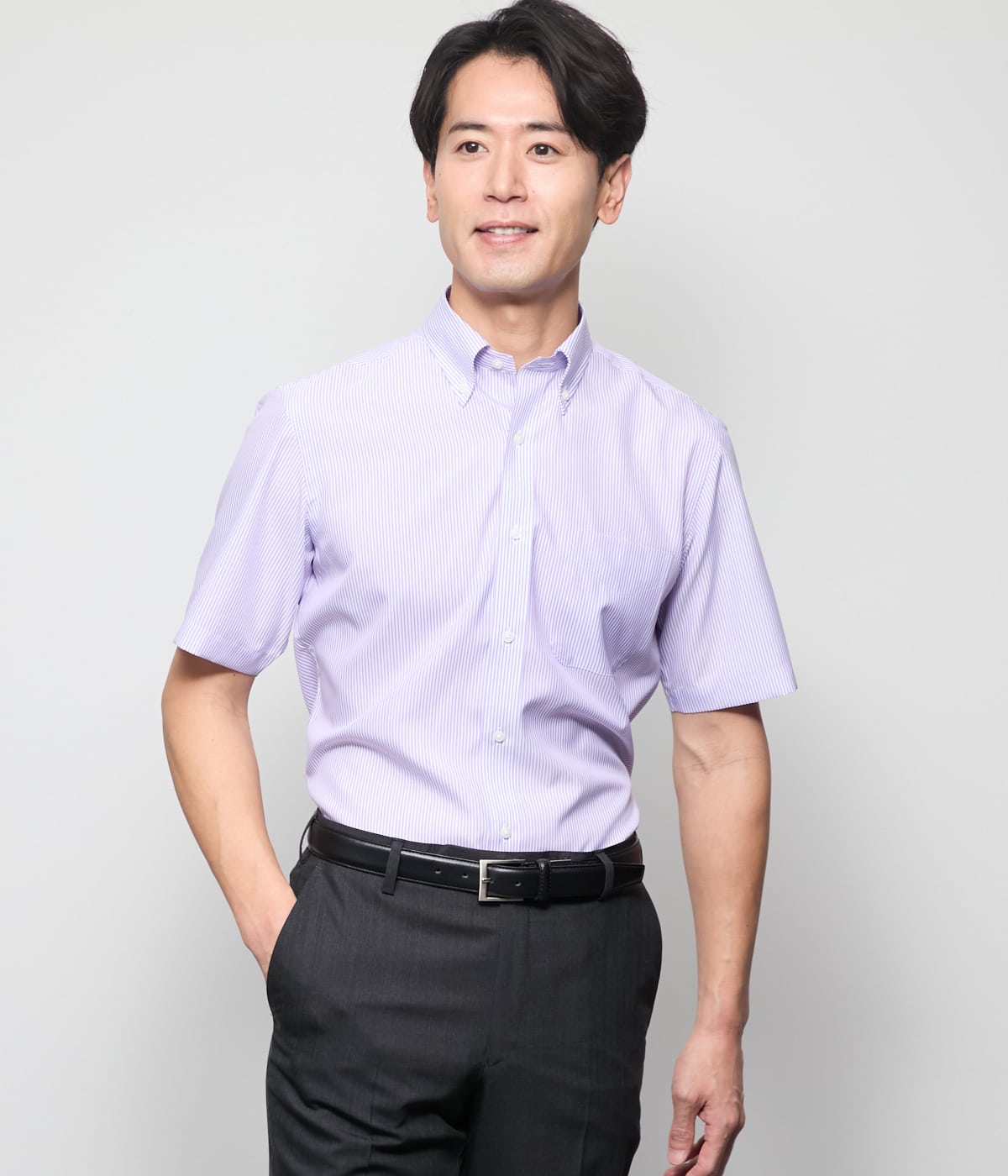 【吸水速乾・防シワ】FLEXY ロンドンストライプ 半袖ボタンダウンシャツ
