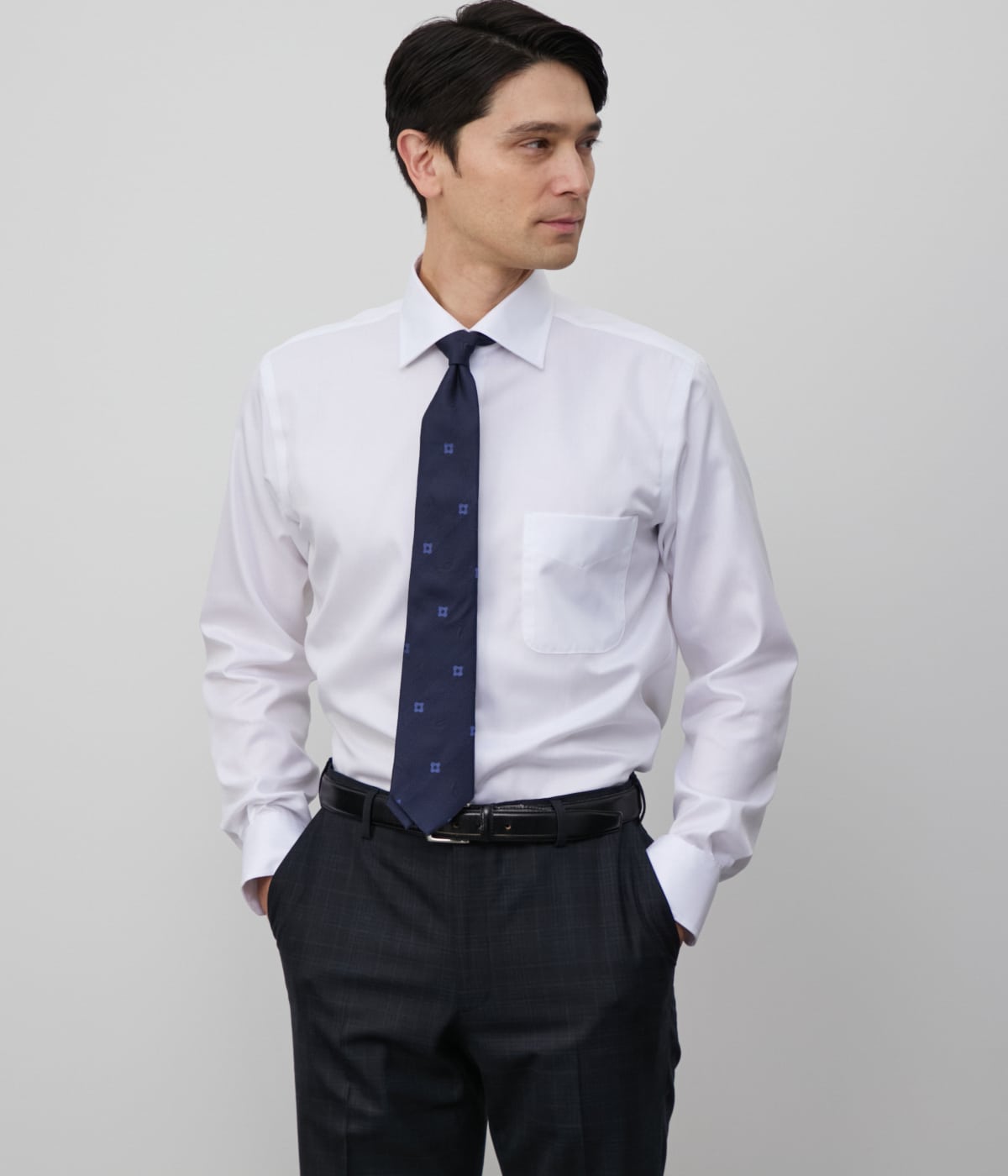 NY CARE FREE・SUPIMA COTTON ヘリンボーン 長袖ワイドカラーシャツ