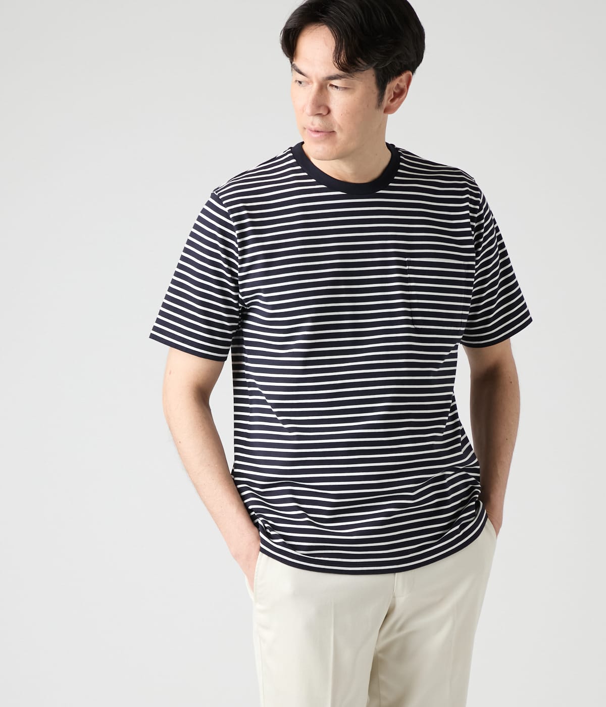 【接触冷感】先染めボーダー 半袖クルーネックTシャツ