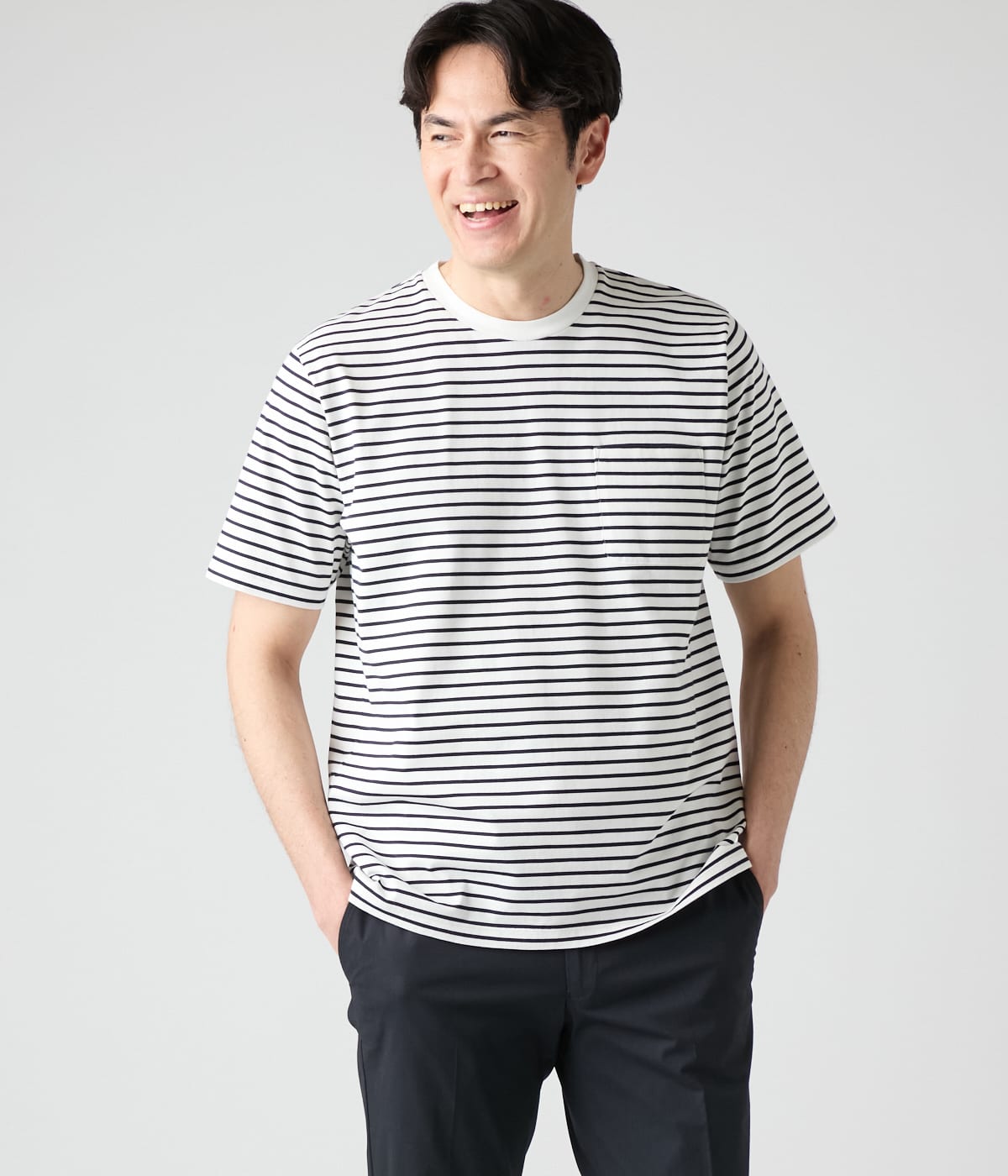 【接触冷感】先染めボーダー 半袖クルーネックTシャツ