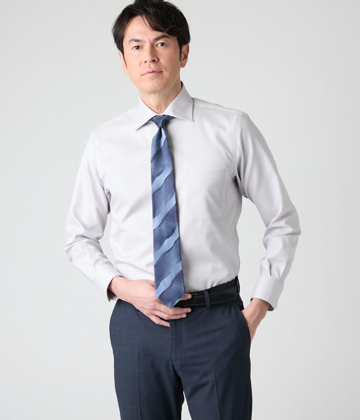 NY CARE FREE マットシャンブレー 長袖ワイドカラーシャツ