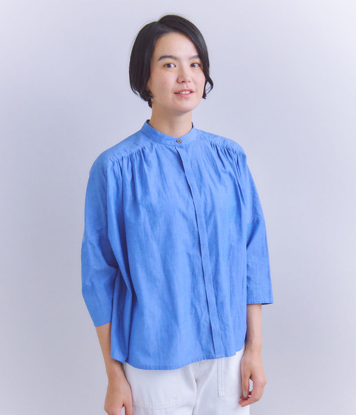 Slab Yarn Cotton Lawn ピンタックギャザーブラウス