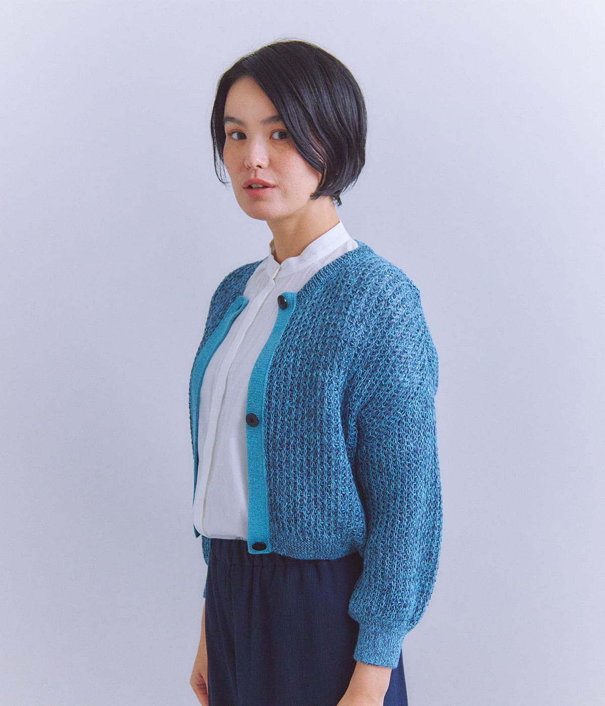 Linen Polyester Yarn 配色ニットカーディガン