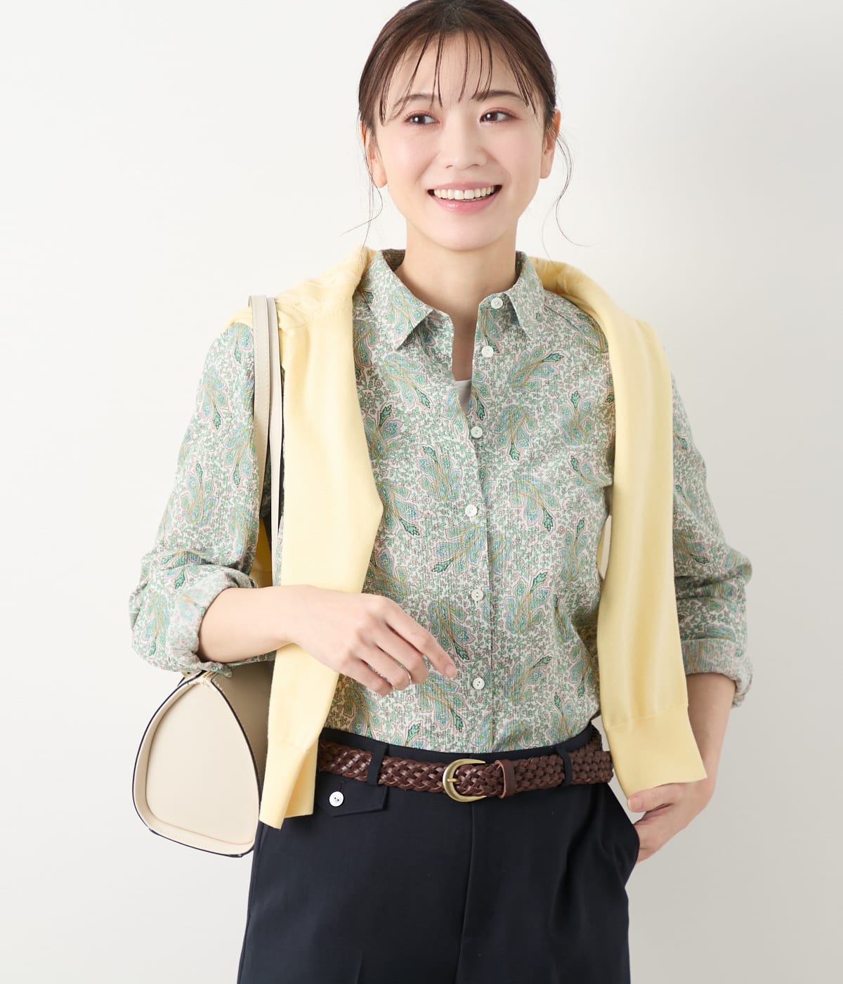 【L】楊柳ペイズリープリント 切替え長袖シャツ