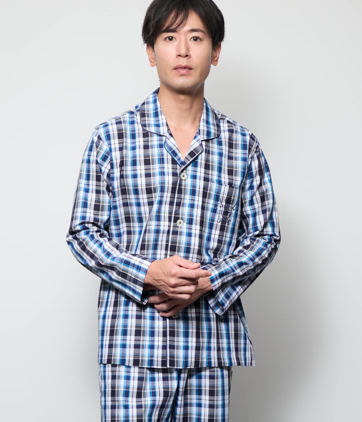 平織チェック 長袖テーラードパジャマ