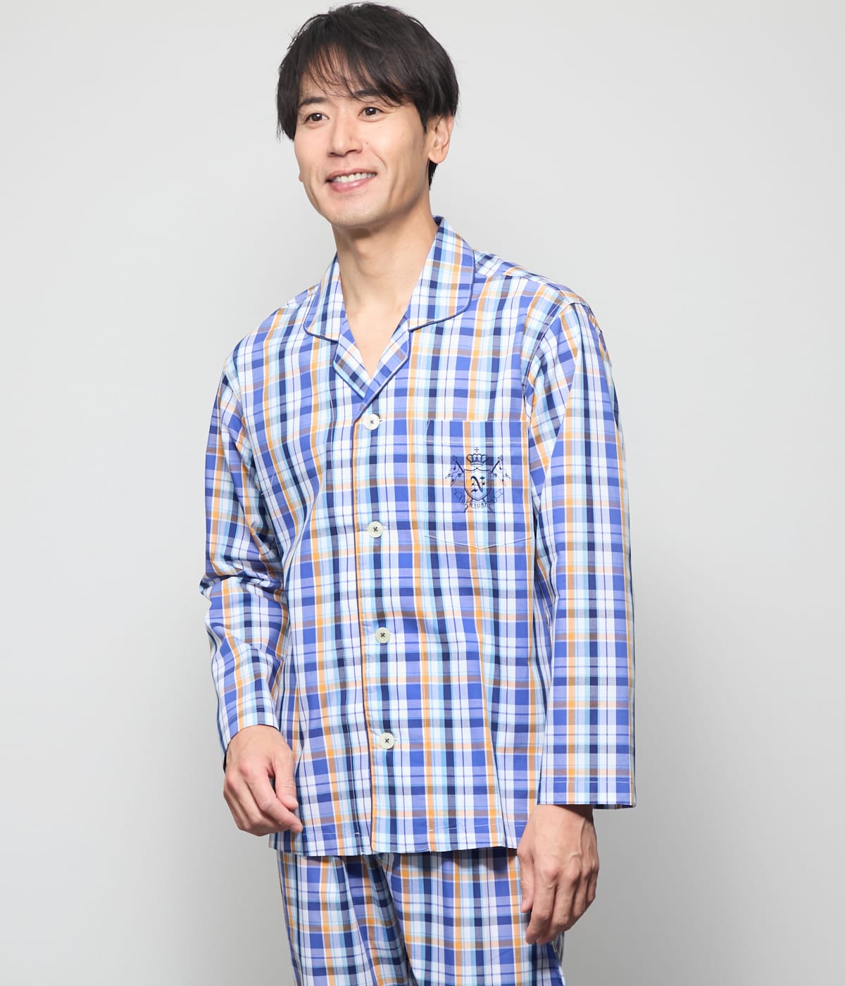 平織チェック 長袖テーラードパジャマ