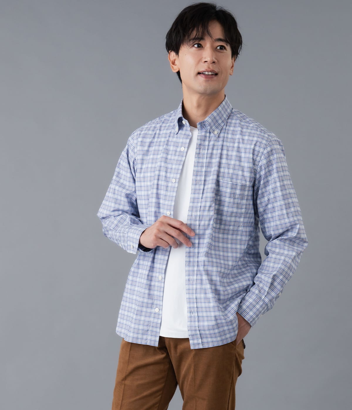 【ストレッチ】マルチオンチェック 長袖ショートボタンダウンシャツ