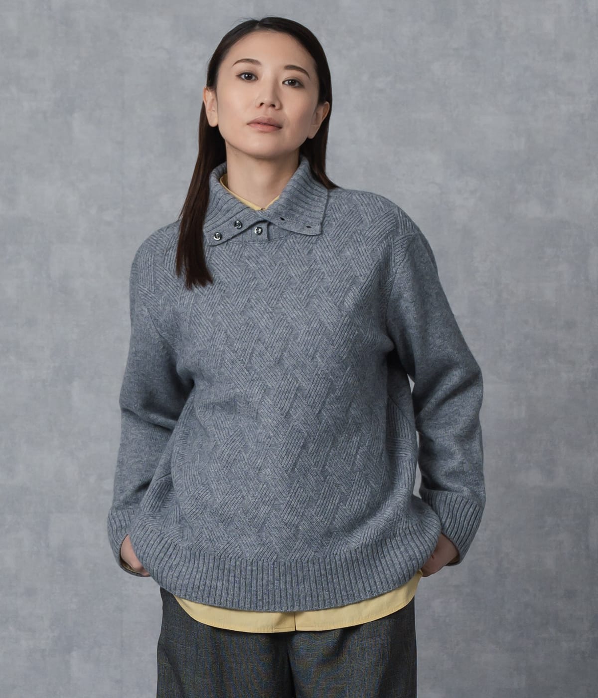 【L】ウールカシミヤ バスケット編みタートルネックプルオーバー