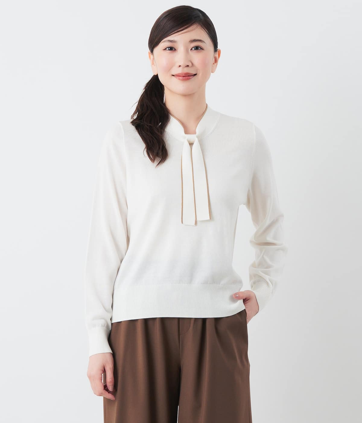 【L】【手洗い可能】ウォッシャブルウール ボウタイプルオーバー