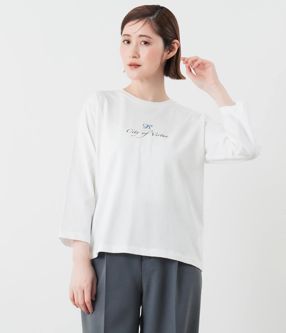 【L】N刺繍プリント7分袖Tシャツ