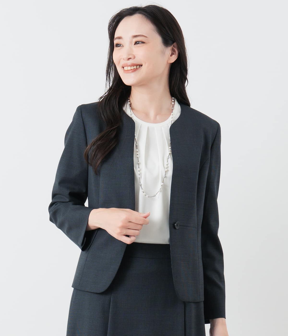ウールシルクシャドー千鳥 ノーカラージャケット
