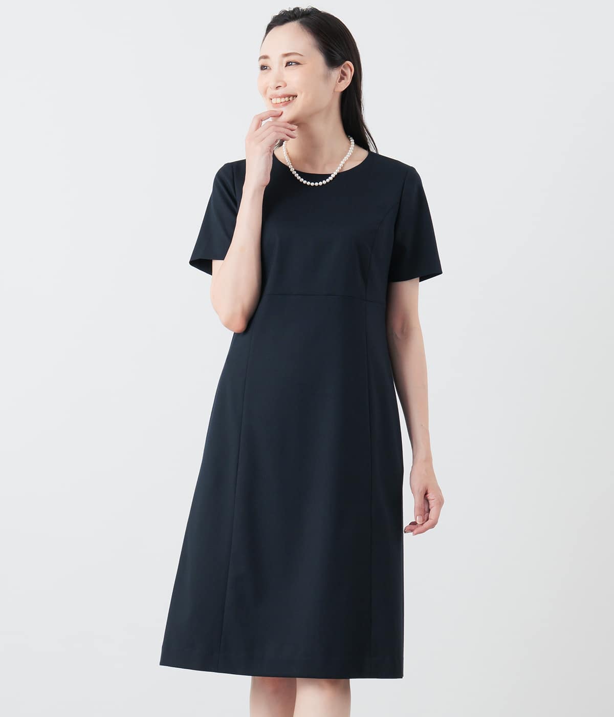 【L】ウールシルクシャドー千鳥 パネル切替え半袖ワンピース