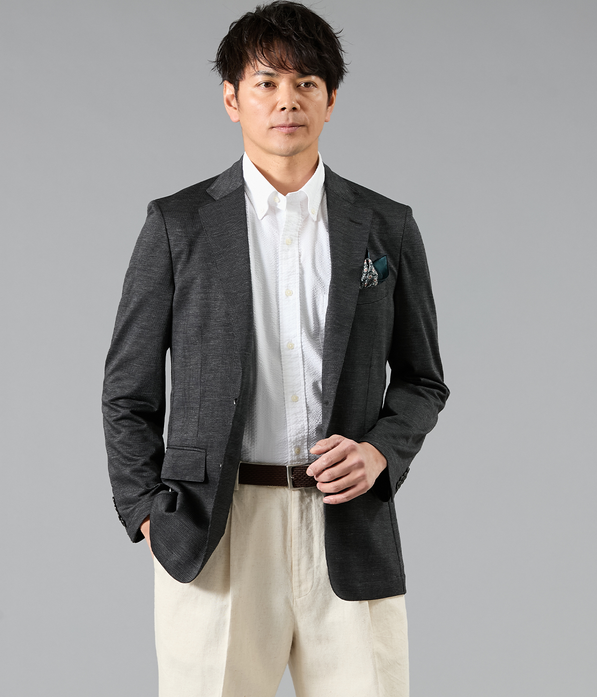 【ウォッシャブル・ストレッチ】MOVING COMFORT グレンチェック ジャージー ジャケット(セットアップ対応)