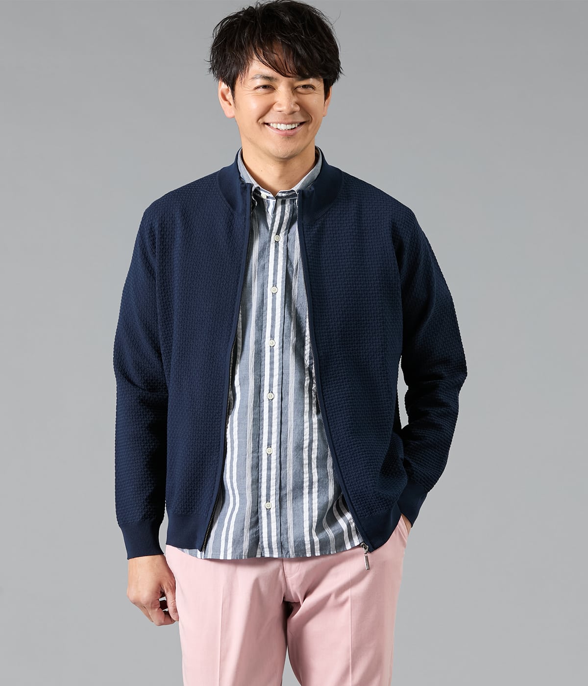 【ウォッシャブル】モックネック スタンドジップアップ カーディガン