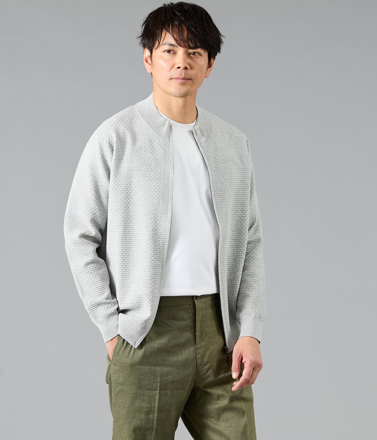 【ウォッシャブル】モックネック スタンドジップアップ カーディガン