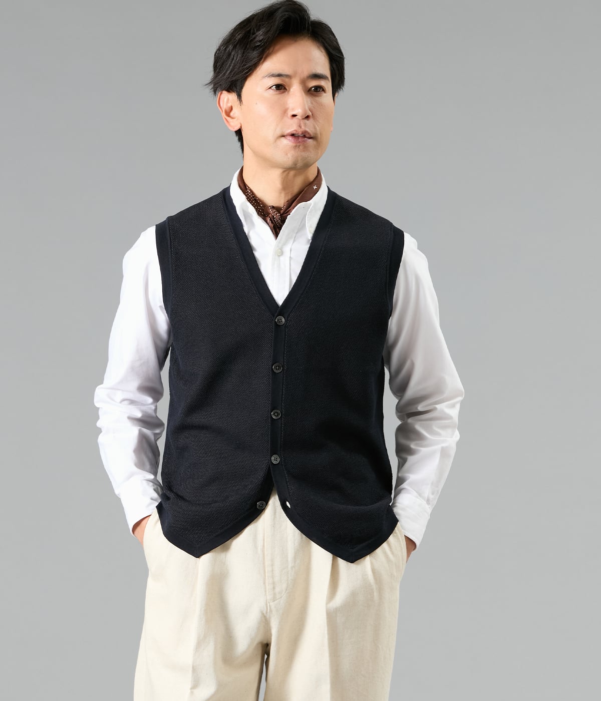 【ウォッシャブル】Vネック 前開きニットベスト