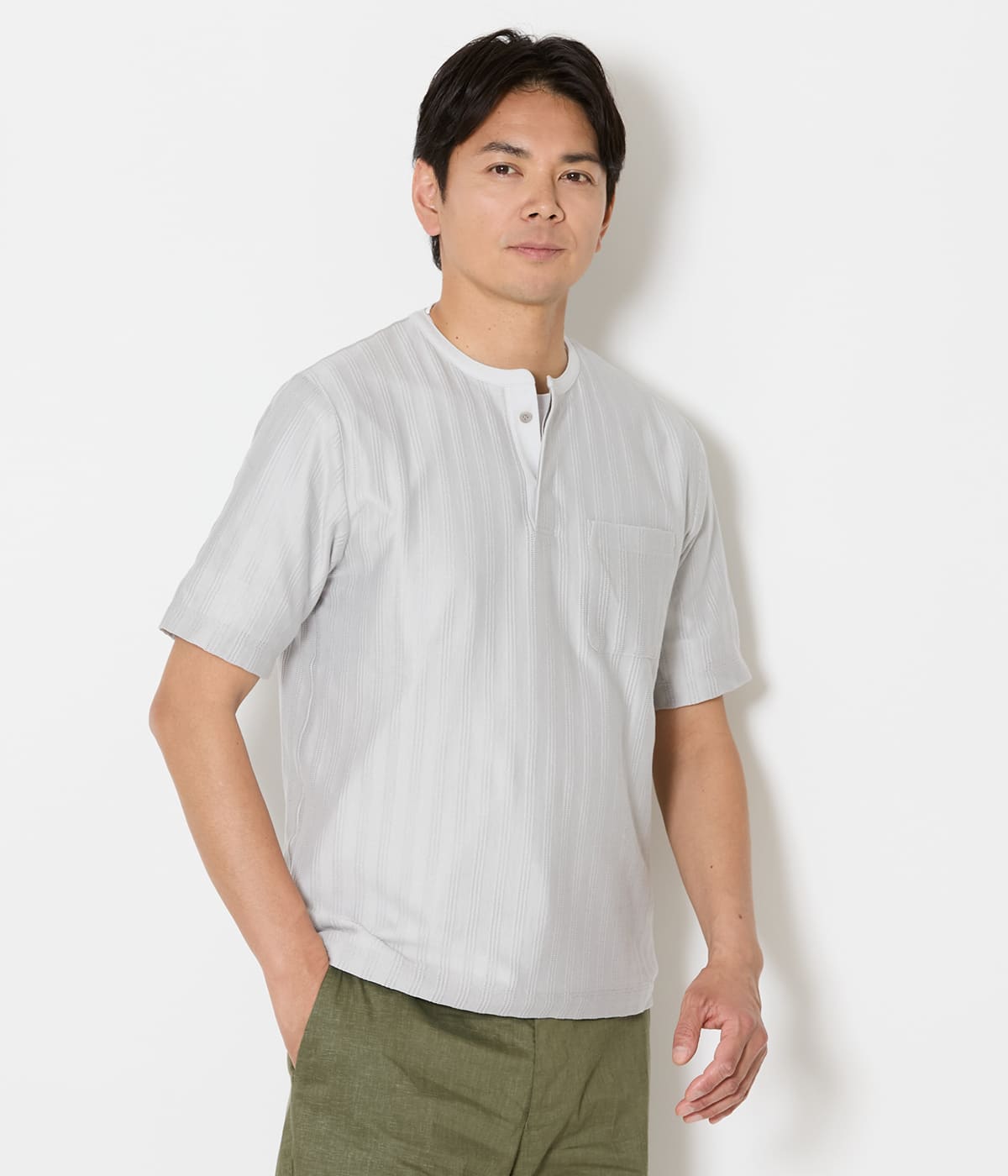 ジャカードストライプ ヘンリーネック Tシャツ(11618553-2026