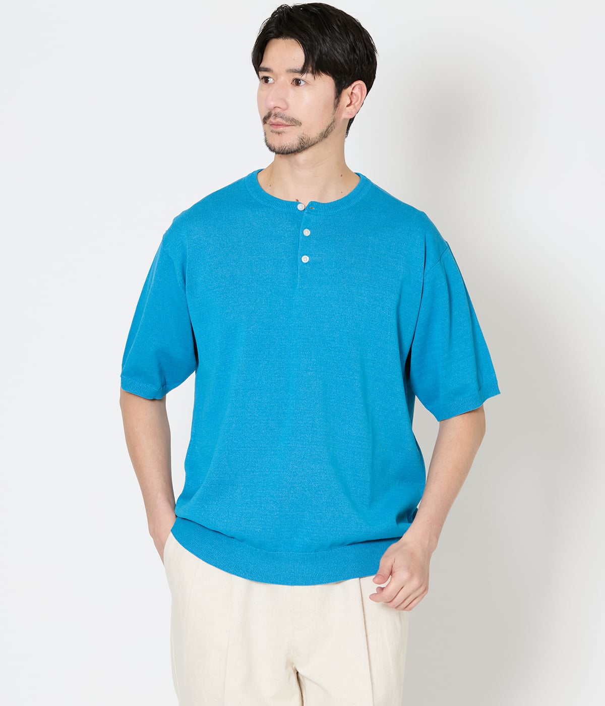 【ウォッシャブル】ヘンリーネック ハーフスリーブニット