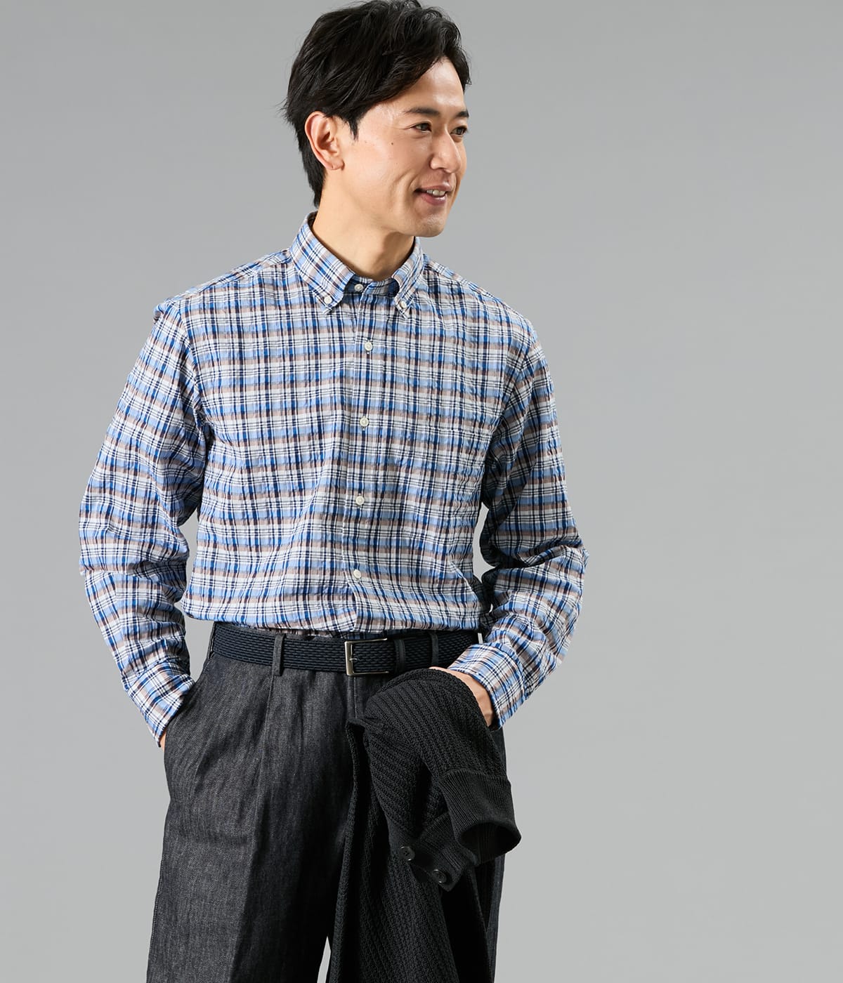 【吸水速乾】サッカー ネイビーチェック 長袖ショートボタンダウンシャツ