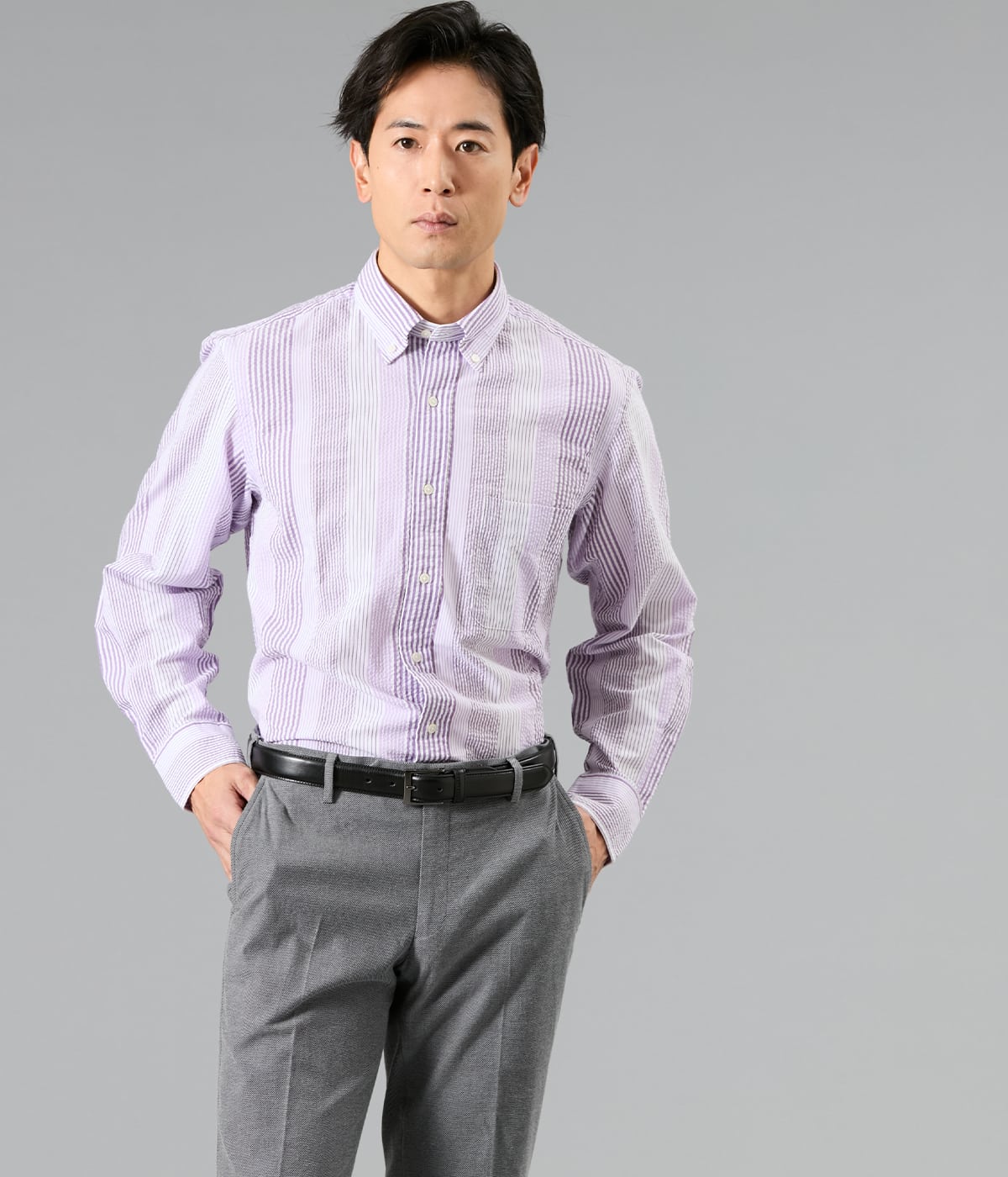 【吸水速乾】サッカー マルチストライプ 長袖ショートボタンダウンシャツ