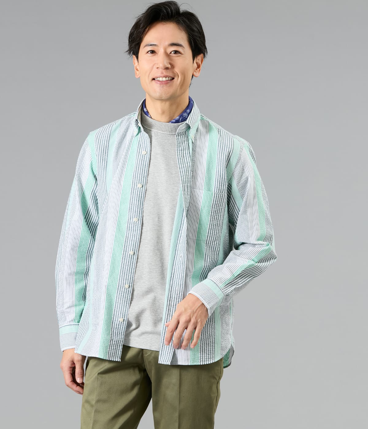 【吸水速乾】サッカー マルチストライプ 長袖ショートボタンダウンシャツ