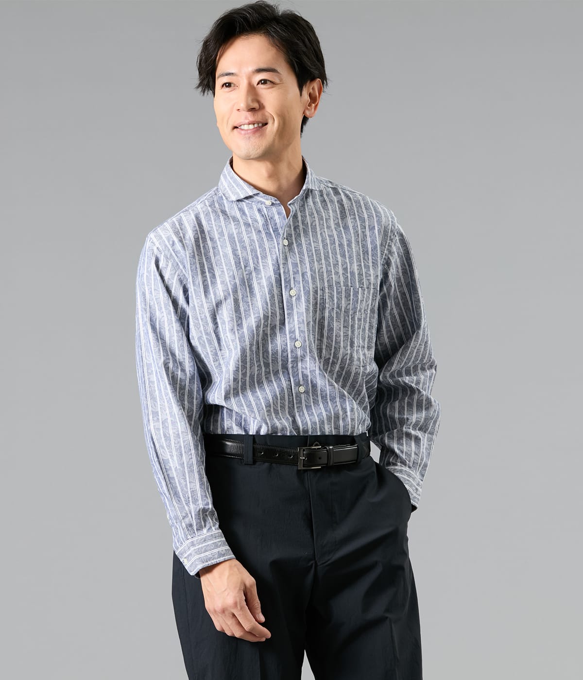 ジャカード ストライプ 長袖カッタウェイカラーシャツ