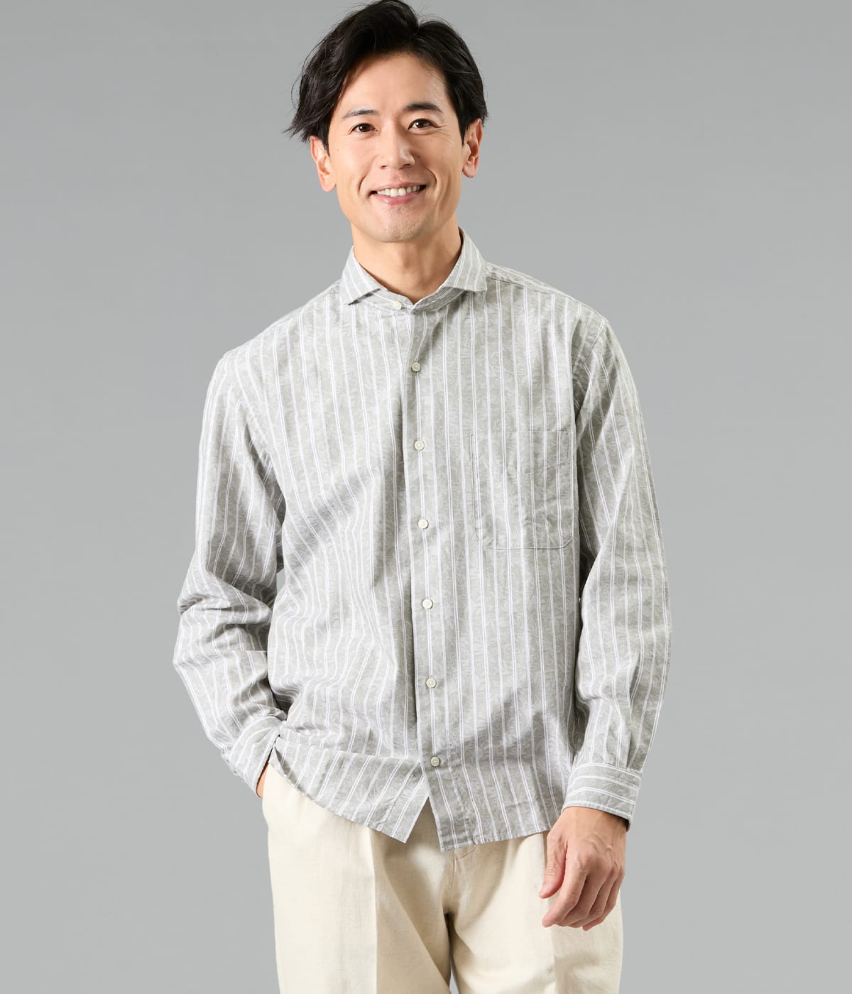 ジャカード ストライプ 長袖カッタウェイカラーシャツ