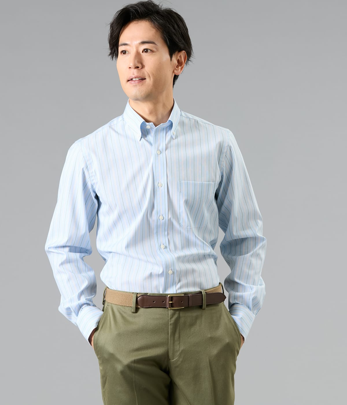 NY FitEase サックスオルタネイトストライプ 長袖ショートボタンダウンシャツ