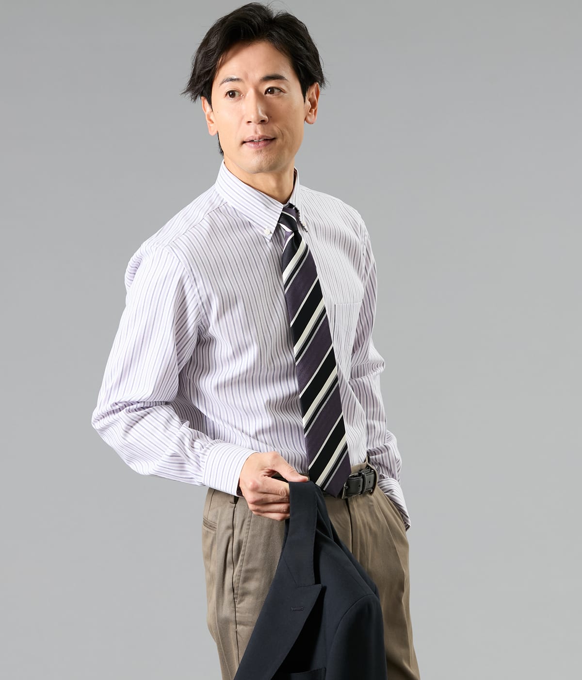 NY FitEase オルタネイトストライプ 長袖ショートボタンダウンシャツ