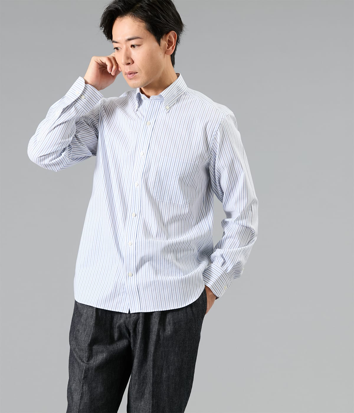 NY FitEase オルタネイトストライプ 長袖ショートボタンダウンシャツ