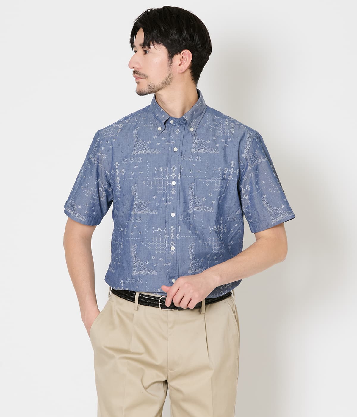 ペイズリージャカード 半袖ショートボタンダウンシャツ