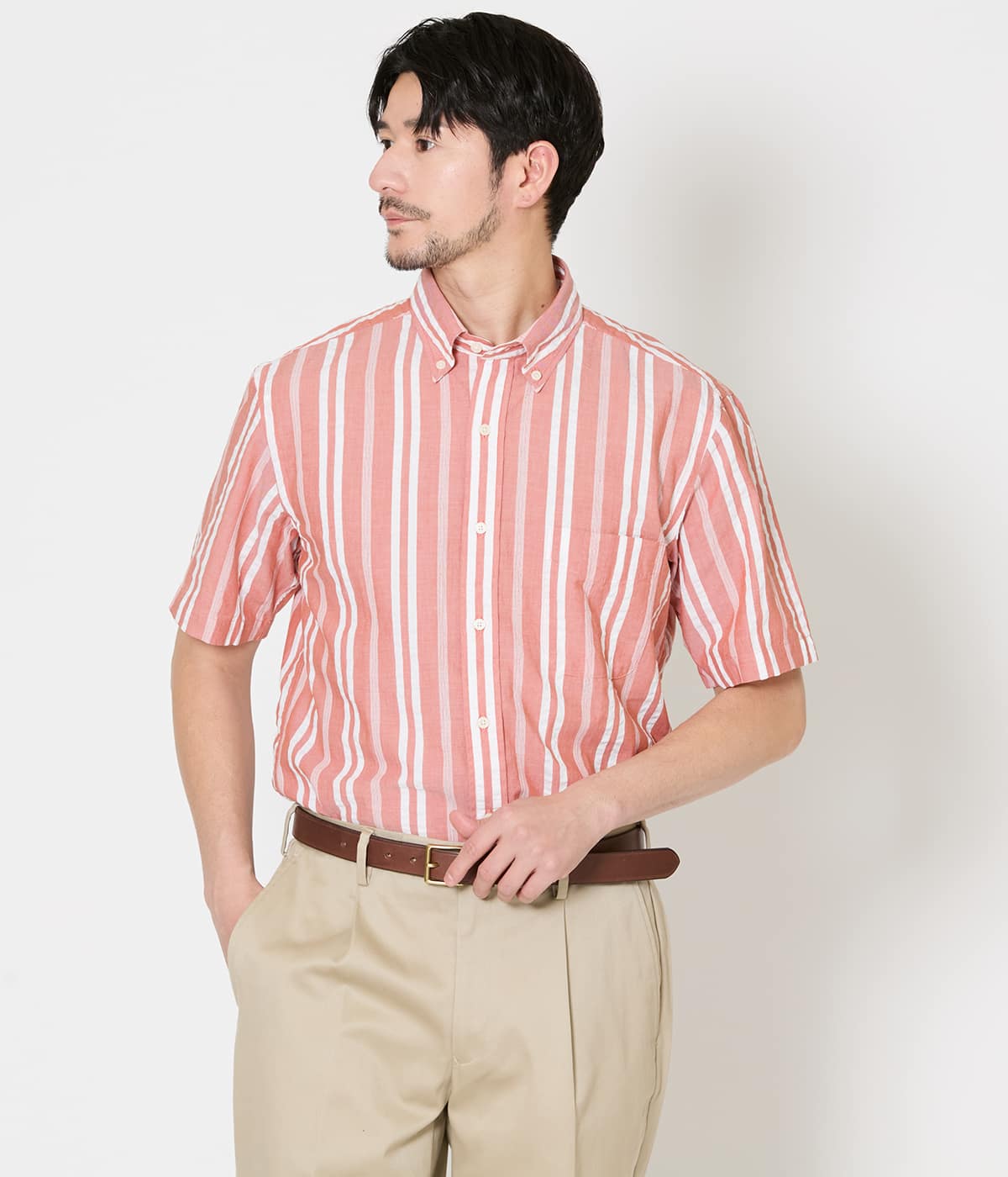 【吸水速乾】ワイドストライプ サッカー 半袖ショートボタンダウンシャツ