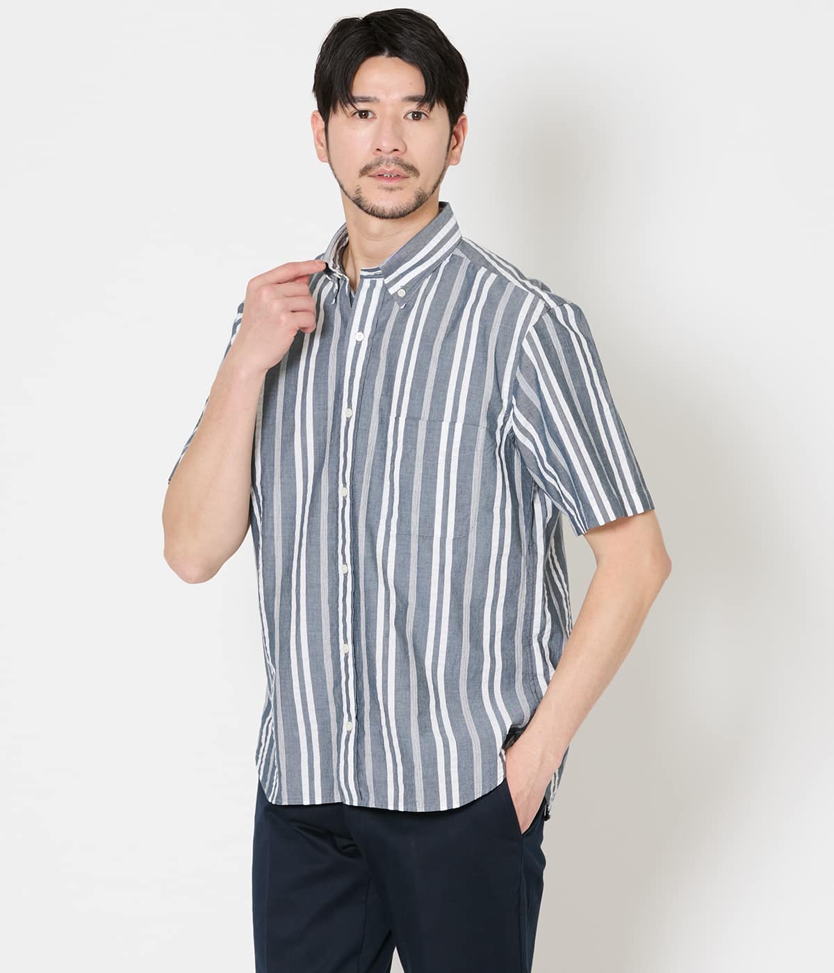 【吸水速乾】ワイドストライプ サッカー 半袖ショートボタンダウンシャツ