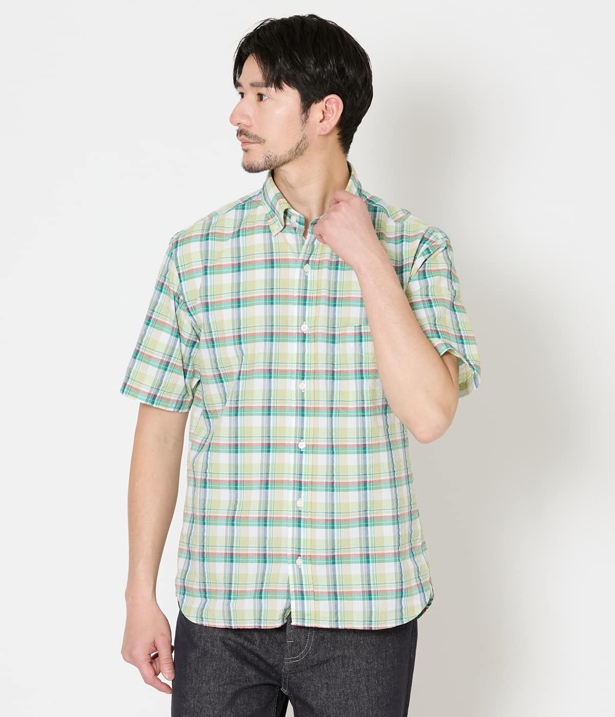 【吸水速乾】マルチチェック サッカー 半袖ショートボタンダウンシャツ