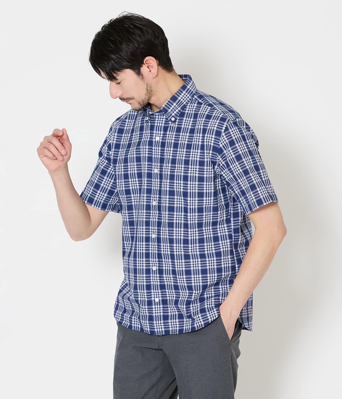 【吸水速乾】ネイビーチェック サッカー 半袖ショートボタンダウンシャツ
